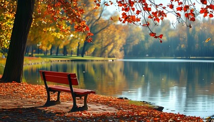 Serene autumn landscape featuring a red bench by a lake reflecting vibrant fall foliage in a sunny park