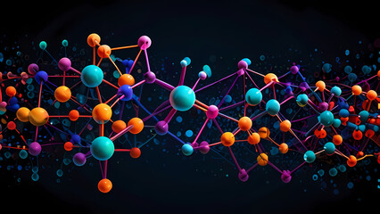 abstract background of interconnected molecules in vibrant, neon colors, with particles floating in a dark space