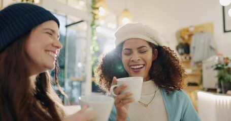 Canvas Print - Happy, toast and women with coffee at cafe for conversation, chatting or lunch break. Relax, discussion and female friends with cheers for caffeine, cappuccino or tea beverage on date at restaurant