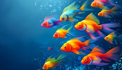 Vibrant Marine Life: A School of Colorful Fish Swimming Against a Blue Background