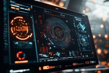 Poster - An intricately detailed screen displaying futuristic data analysis and visualization, with various charts and graphics depicting complex data in a high-tech environment.