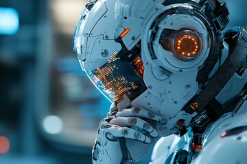 Poster - A highly realistic image of a futuristic humanoid robot, depicted in a moment of deep thought and contemplation, surrounded by a tech-savvy environment.
