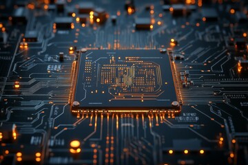 Poster - A detailed and illuminated close-up of a computer microchip on a circuit board, showcasing the intricacies of modern technology and the heart of electronic devices.