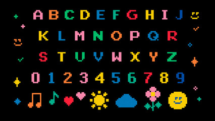 Poster - childish font set in pixel art. pixel alphabet letters and number. funny naive design elements. mood