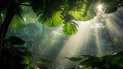 Poster - Bright sunlight breaking through the canopy of a tropical rainforest