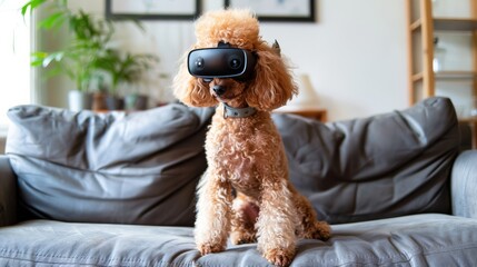 Cute poodle dog sitting on a couch with VR glasses on and looking curious