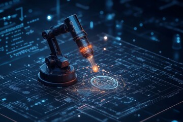 Poster - A robotic arm precisely operates over a digital schematic, representing the integration of advanced technology and automation in modern industries.