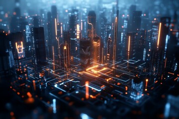 Poster - A digital cityscape filled with glowing lines, skyscrapers, and neon lights symbolizes the interconnectedness and hi-tech development of future urban environments.