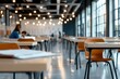 © Odin AI - A contemporary classroom featuring neat rows of tables and chairs, with an abundance of natural light, and warm hanging lights creating a conducive learning environment.
