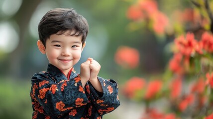 Kid wearing a mini samurai suit, playfully mimicking samurai stances in a blooming garden.