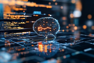 Poster - A digital brain hologram illustrating artificial intelligence and big data analytics, set against a complex technological background, symbolizing innovation and progress.