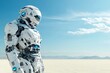 © Odin AI - A futuristic white robot stands alone in a bright, open desert landscape, highlighting the concept of robotic endurance and persistence in extreme conditions.