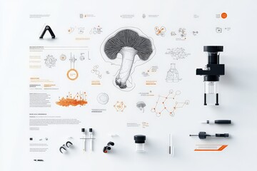 Poster - Intricate scientific diagram featuring a mushroom, various laboratory instruments, and insightful annotations on a pristine white background arranged systematically.