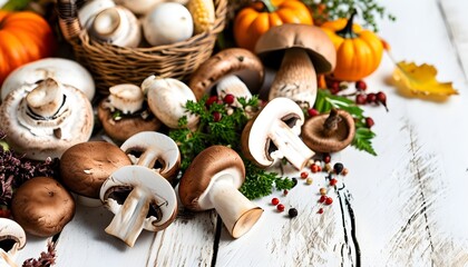 Organic mushrooms on a rustic wooden table, highlighting the beauty of autumn harvest and cooking inspiration with inviting copy space