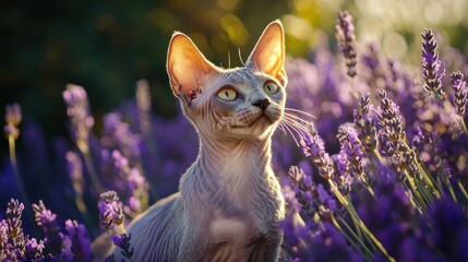 Wall Mural - A cat among lavender flowers, basking in soft sunlight.