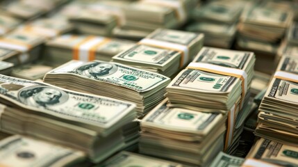 Poster - US dollar bills stacked in high piles