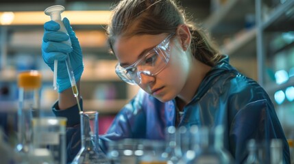 Poster - Curious girl pouring liquid in laboratory setting