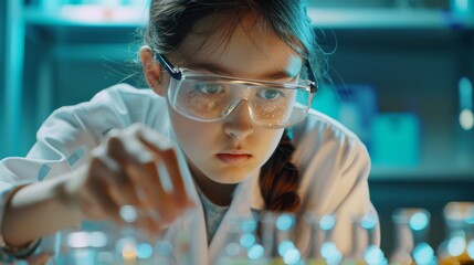 Poster - Girl in lab coat performing chemistry experiment
