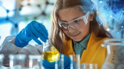 Poster - Young girl pouring liquid into beaker in chemistry class