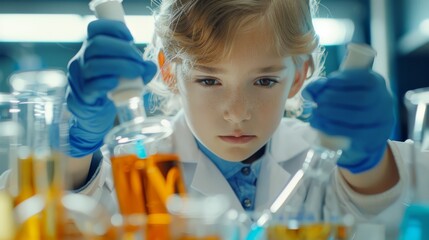 Poster - Young scientist pouring chemicals in school lab
