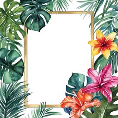 Tropical watercolor frame with monstera and palm leaves, plus vibrant exotic flowers. Ideal for fresh, beach-themed decor with a natural, lively touch.