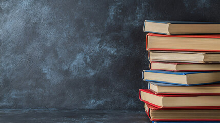 Stack of colorful hard cover books is sitting on a dark surface against a dark background