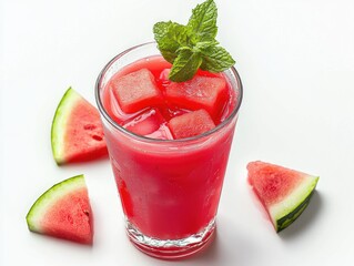 Refreshing watermelon juice with ice cubes and mint on white background