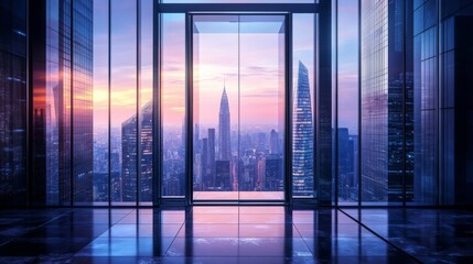 Poster - A modern glass door with sleek metal frames opens to a breathtaking view of a surreal cityscape with towering, futuristic skyscrapers bathed in a magical glow.