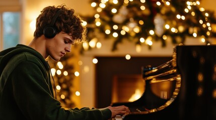 A young man Handsome, smart beautiful in a green and Headphones music, sitting at play the piano near a Christmas tree with a garland of lights and the warm glow of a fireplace.