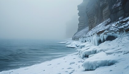 Wall Mural - Icy coastal cliffs shrouded in fogscape, capturing the serenity and chill of winters embrace along the tranquil seashore