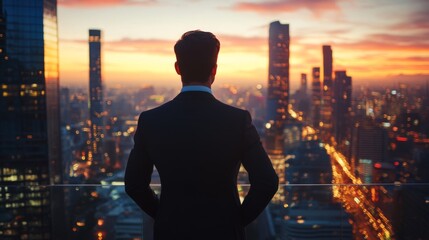 Banker in a tailored suit stands on a high-rise balcony, gazing at a sprawling modern cityscape with tall buildings and vibrant lights during sunset.