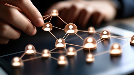 Poster - A hand reaches out to a digital display, activating AI technology to connect with virtual people icons, illustrating modern communication in business