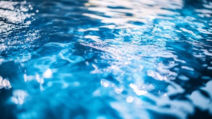 Poster - Bright blue water with ripples and light reflections in a swimming pool, showcasing a vibrant and refreshing atmosphere.