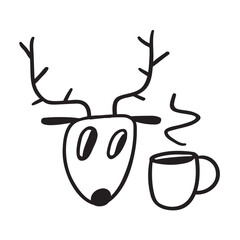 Wall Mural - Cute deer face and cup of hot coffee. Outline illustration on white background.