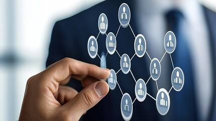 Poster - A hand reaches out to a digital display, activating AI technology to connect with virtual people icons, illustrating modern communication in business.