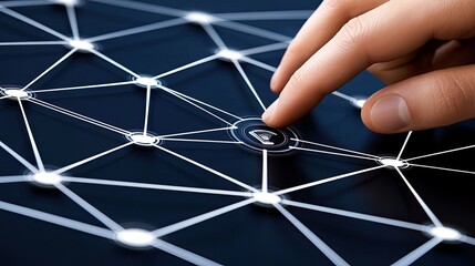 Poster - A hand reaches out to a digital display, activating AI technology to connect with virtual people icons, illustrating modern communication in business.