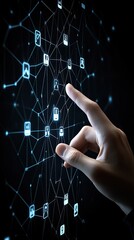 Poster - A hand reaches out to a digital display, activating AI technology to connect with virtual people icons, illustrating modern communication in business