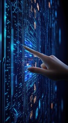 Poster - A hand reaches out to a digital display, activating AI technology to connect with virtual people icons, illustrating modern communication in business
