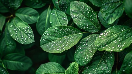 Wall Mural - Dew drops on green leaves in forest environment representing carbon neutral goals