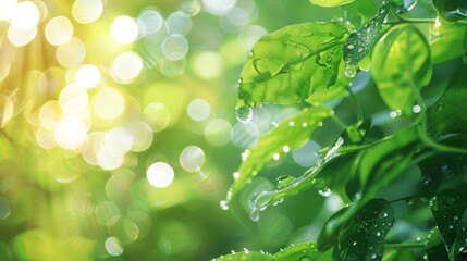 Leinwandbilder - Dew drops on green leaves in forest environment representing carbon neutral goals