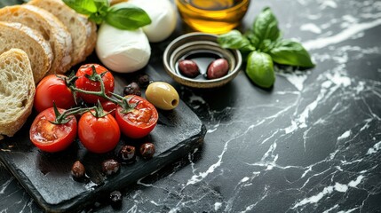 Modern Italian food background on sleek black marble. A close-up spread of ingredients including fresh mozzarella