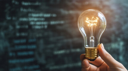Poster - programmer holding a glowing light bulb in front of a blackboard with code, signifying a fresh conce
