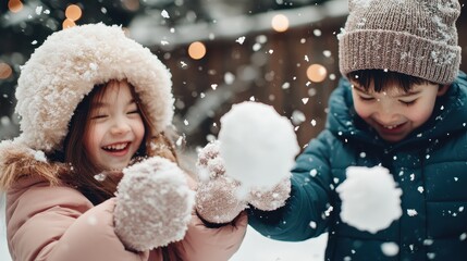 Two children, warmly dressed in winter coats and beanies, play joyfully in the snow, throwing snowballs at each other, displaying excitement, happiness, and the spirit of winter fun.