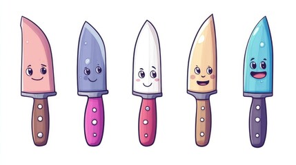 Wall Mural - Adorable hand drawn cartoon mascot set of cute knives with facial expressions isolated on a white background