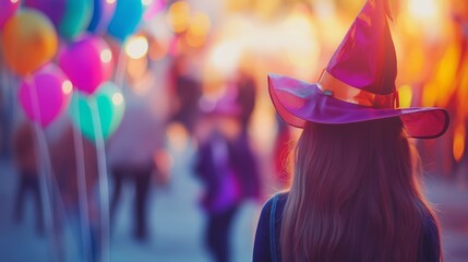 A woman in a pink witch hat at a festive Halloween festival