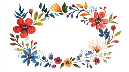 2D cartoon style oval flower frame in folk design Hand drawn watercolor illustration suitable for cards and invitations Features plants and traditional motifs in a Scandinavian style