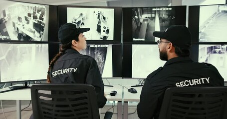 Poster - Security guard, surveillance and team in office, screen and watch of footage, people and camera. Digital, safety and protection of business, monitor and inspection of computer in back of control room