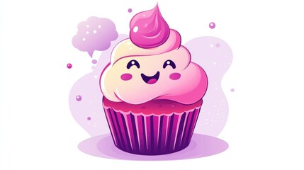 Wall Mural - Cartoon cupcake featuring a face and a thought bubble in a smooth gradient design