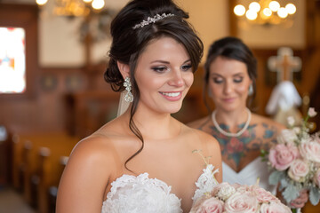 Bride is smiling and holding a bouquet of flowers