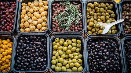Poster - A colorful variety of olives is arranged in containers at a bustling market, showcasing black, green, and mixed olives with sprigs of herbs